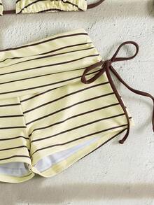 Swim Mod 2pcs Women's Striped & Random Print Halter Backless Top + Side Tie Shorts Elegant Sexy Fashion Beach Vacation Bikini Swimwear Set, Spring/Summer - Light Yellow - View 5