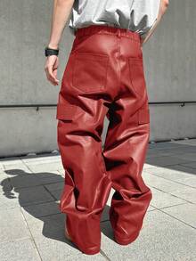 Manfinity EMRG Manfinity加大码男士黑色PU皮革宽松直筒工装裤，时尚百搭，送给男友的绝佳礼物 - 紅色 - 查看 2