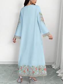 SHEIN Najma 女士花卉植物数码印花浅蓝色V领长袖优雅阿拉伯风格长款连衣裙，春秋季 - 彩色 - 查看 2