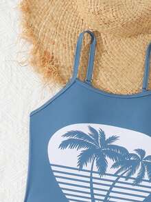 少女热带棕榈树印花吊带背心式泳衣，上衣侧边饰有荷叶边和蝴蝶结，搭配热带棕榈树印花泳裤，两件套泳装，时尚休闲优雅，适合游泳、夏季度假、海滩、泳池、节日派对等场合。 - 彩色 - 查看 6