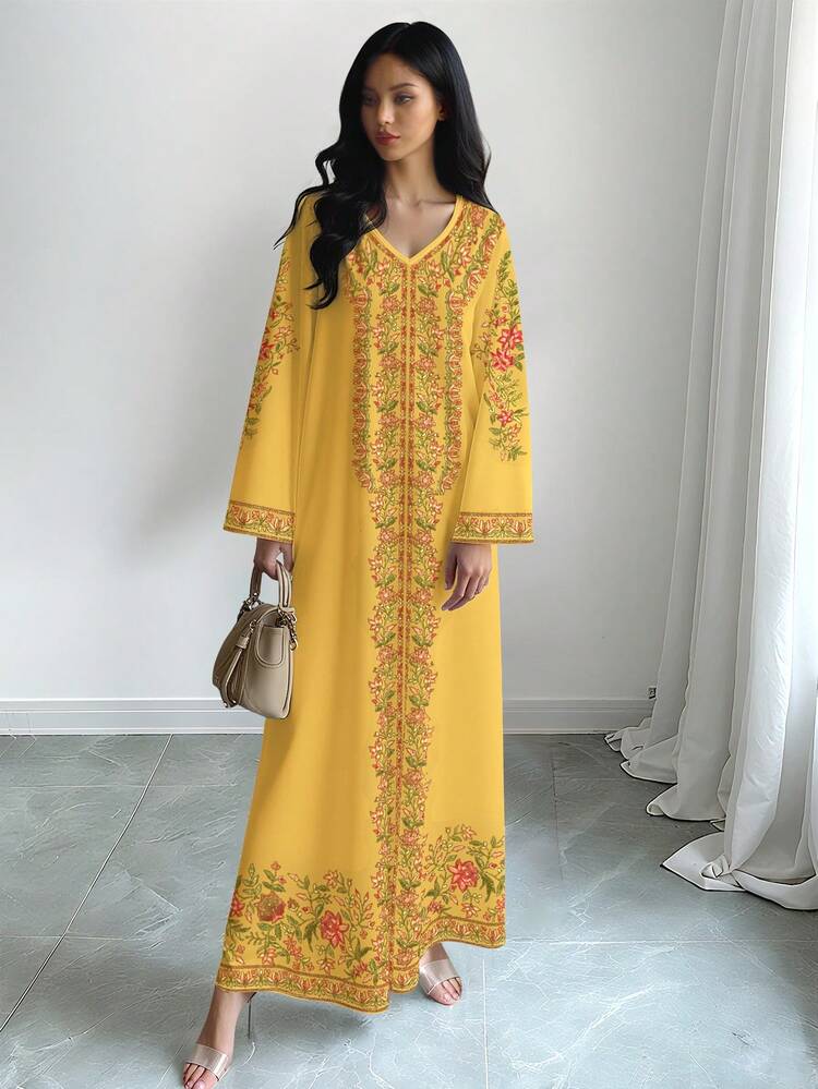 SHEIN Najma Women's Floral Digital Print V-Neck Long Sleeve Elegant Arabic Style Dress, Spring/Autumn, Yellow Maxi Dress Women, Dress Modest, Long Sleeve Summer Dresses Embroidered Dresses For Women Motif Dresses For Women - Multicolor - View 4
