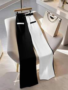 GlowEve CURVE 大码女式简约时尚商务黑白撞色腰带直筒裤，春夏款 - 黑與白 - 查看 5