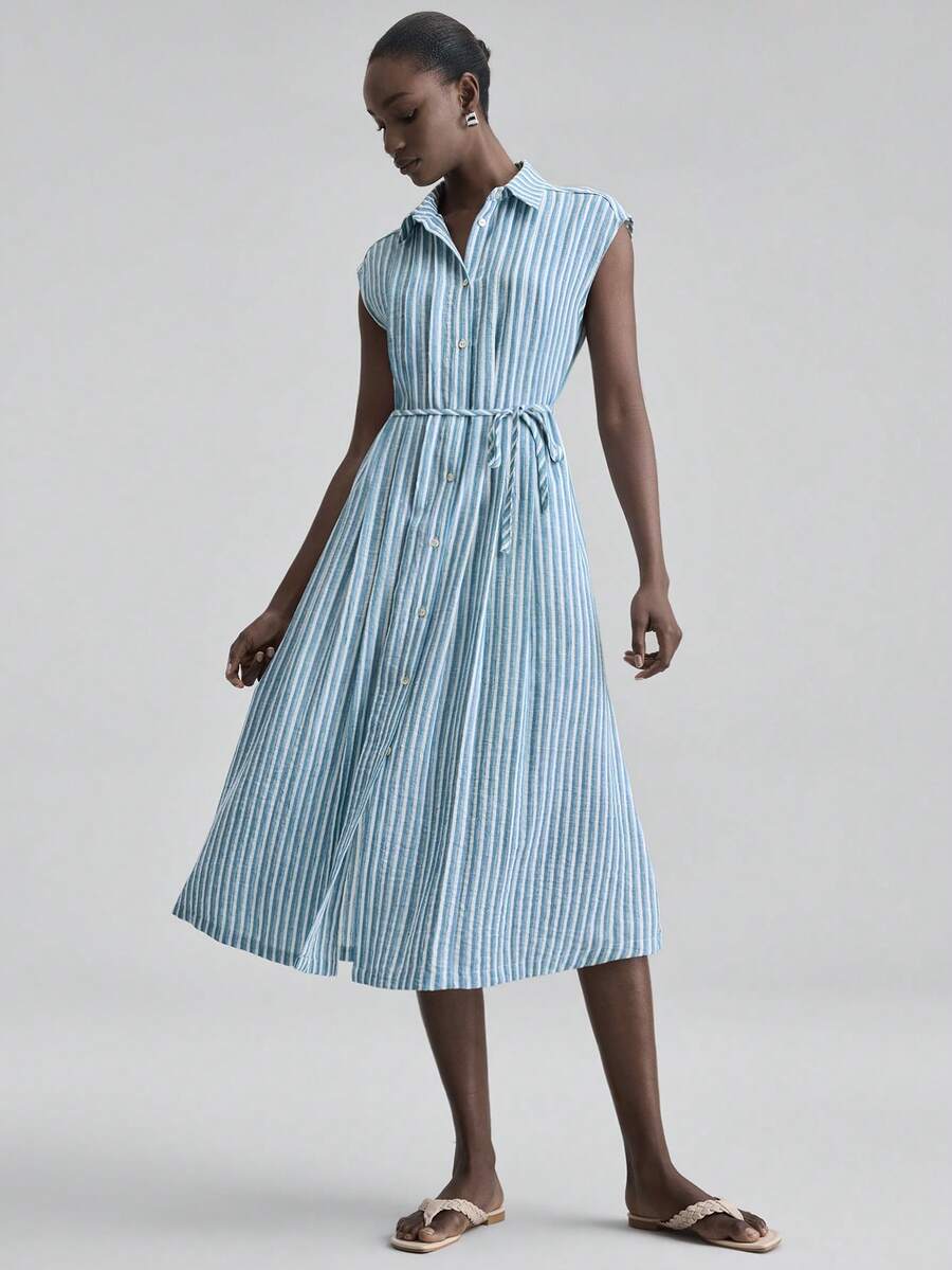 Ontre Đầm kẻ sọc cài cúc phía trước, mẫu mới về mùa xuân/hè 2026SS, trang phục thường ngày đa năng. - Xanh và trắng - Xem 1