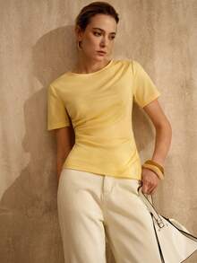 MOTF PREMIUM COTTON ASYMMETRIC HEM RUCHED BOAT NECK SHORT SLEEVE T-SHIRT, SPRING/SUMMER - Light Yellow - View 5