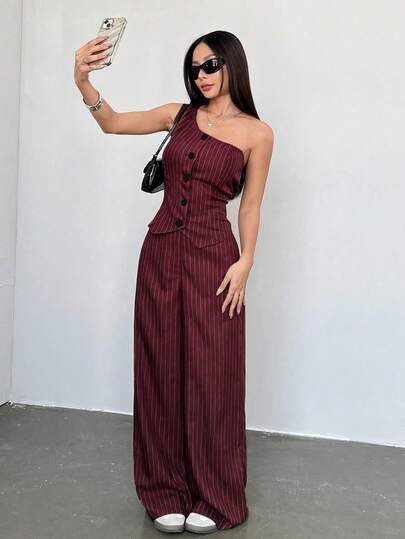 Elenzga 大码女式优雅不对称肩部上衣和阔腿条纹裤两件套，春夏款