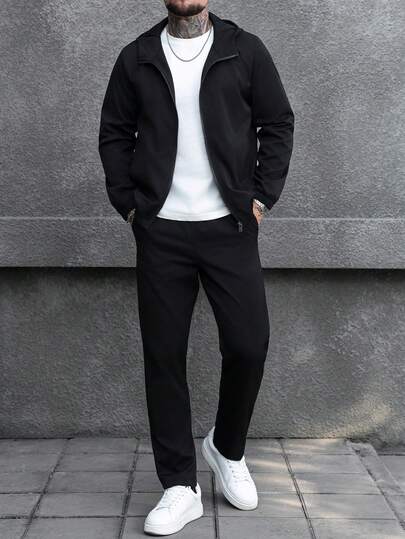 Manfinity CasualCool Men's Casual Solid Color Zip-Up Jacket Set Men Casual Suit Men Black Suit Set Men Black And White Outfit Men Joggers Suit Men Black Dress Pants And White Top Daily Leisure, Weekend Trips, Travel Expeditions, Relaxed Work Environments , Boyfriend/Husband Gift, Anniversary /Birthday Gift Party Summer Vacation Holiday  Old Money