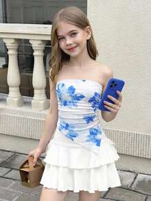 SHEIN 少女时尚优雅针织印花背心套装 - 藍色 - 查看 1