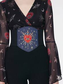 ROMWE Goth 一件式女士剑形爱心星星月亮刺绣图案装饰深色系弹力腰带束腰连衣裙牛仔裤配饰日常百搭 - 牛仔藍寶劍愛心腰封 - 查看 5