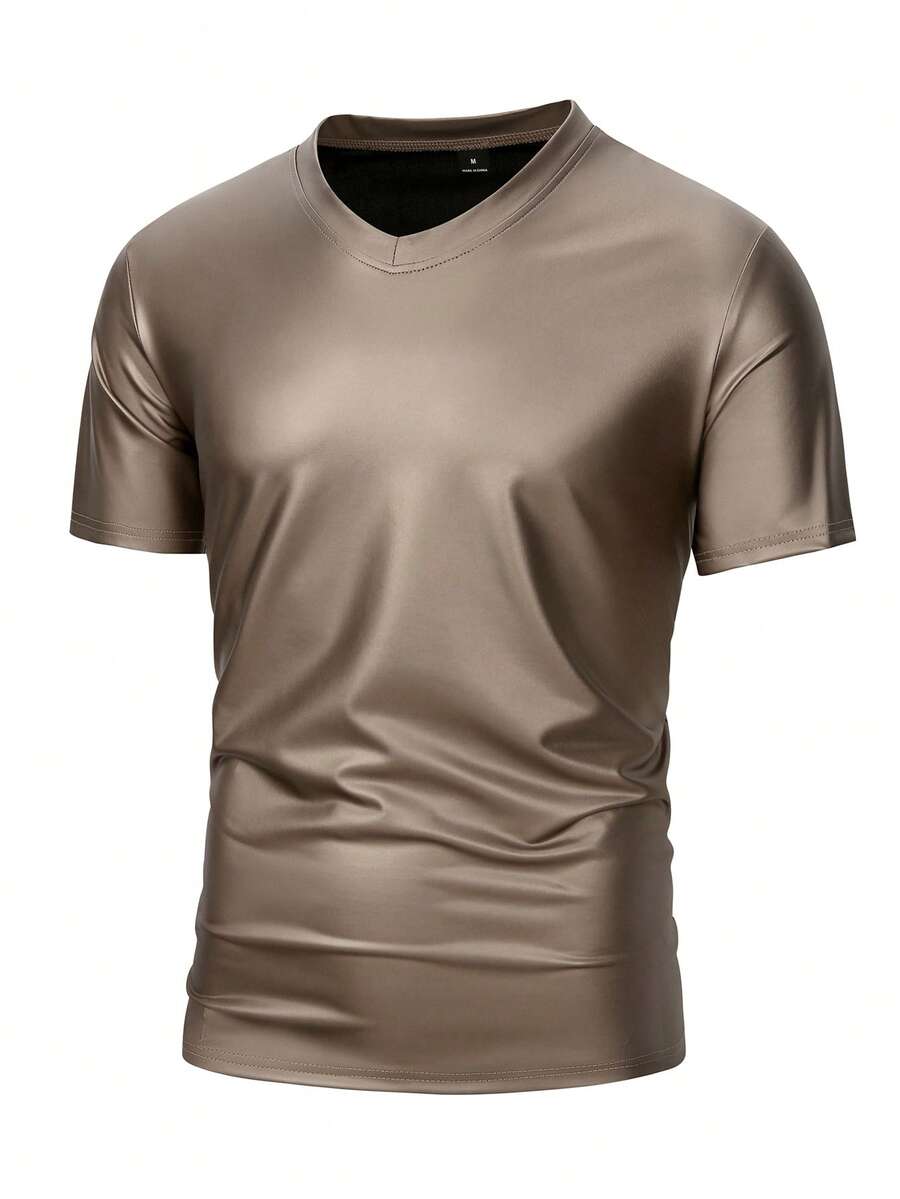 Manfinity Roughcore Men's PU Leather T-Shirt Coffee Brown,Autumn,Chique,Party Solid Color V Neck Short Sleeve Breathable Polyester Fiber Tops For Men - Gold - View 1