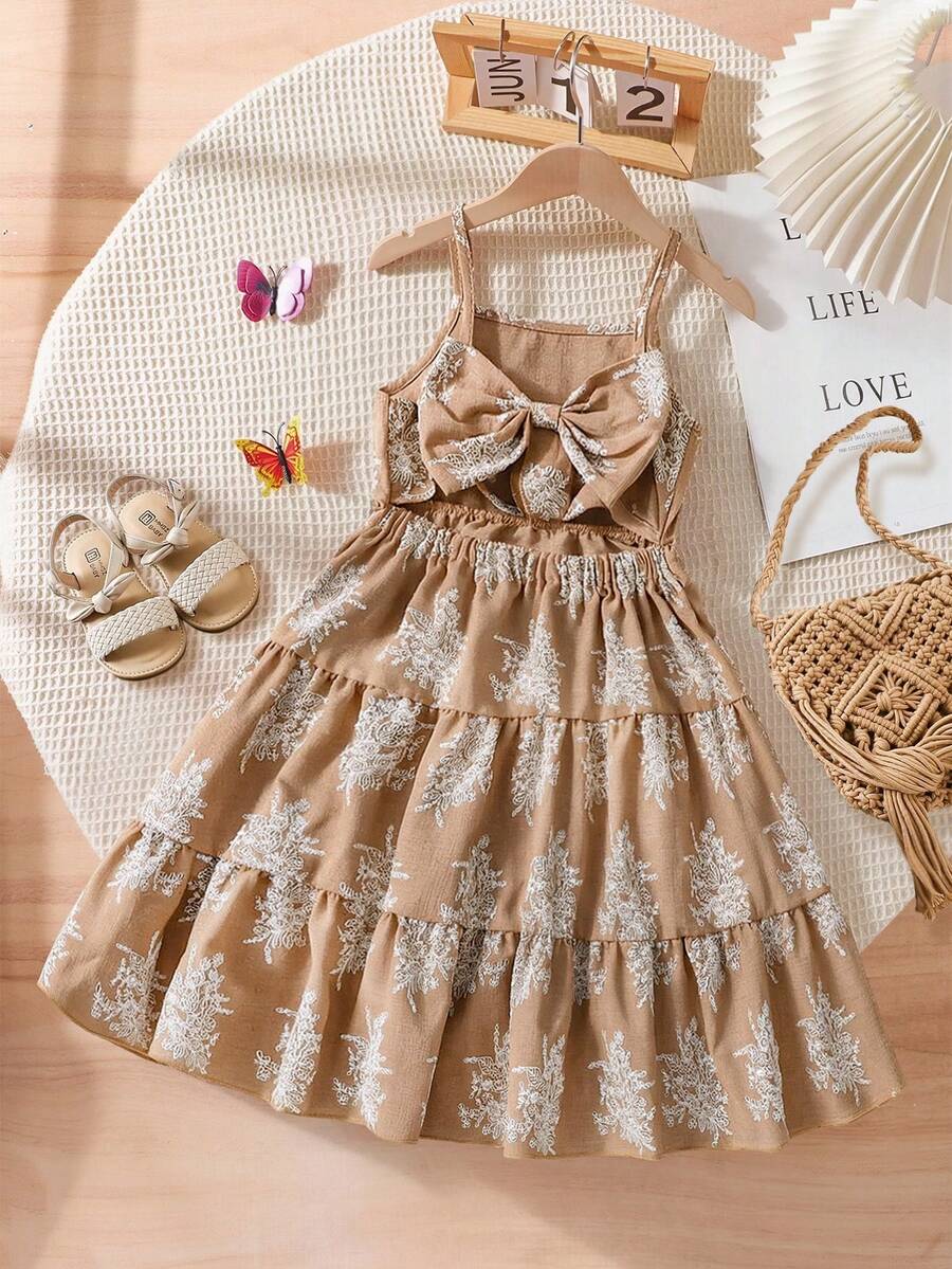 SHEIN Genkimix Kids Young Girl Vacation Beachside Bowknot Camisole Dress,Holiday,Summer,Travel - Khaki - View 1