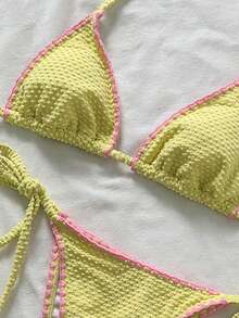 Swim Mod Women's Jacquard Fabric Halter Neck Shell Trim Bikini Set, Spring/Summer - Yellow - View 5