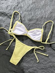 Swim Mod Conjunto de bikini con tirantes de espagueti y decoración metálica de tela jacquard para mujer, primavera/verano - Amarillo - Ver 3