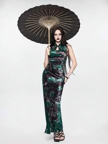 ROMWE Goth Đầm dài kiểu Trung Quốc mới, họa tiết rắn và bướm, chất liệu nhung, dành cho nữ. - Màu xanh lá cây đậm - Xem 2