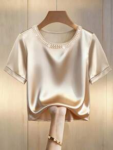 GlowEve 女士优雅珍珠装饰圆领休闲短袖T恤，高品质绉纱面料，适合通勤、聚会、派对、秋冬春夏穿着。 - 杏色 - 查看 4