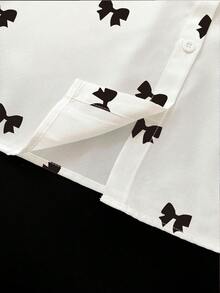 SHEIN Women's Bow Print Loose Long Sleeve Shirt - White - View 3