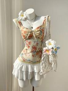 Elamini 女士度假风性感油画花卉印花缎带系带心形领T恤，夏季蕾丝网纱短袖上衣 - 彩色 - 查看 6