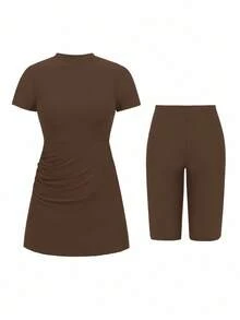 Swim Mulvari Bộ đồ bơi nữ 2 món gồm áo cổ cao tay ngắn nhún bèo và quần đùi Bermuda, thích hợp cho kỳ nghỉ hè ở Trung Đông, đi biển hoặc du lịch biển, trang phục thường ngày chống nắng. - màu nâu - Xem 7