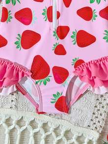 SHEIN GraphicGems 女婴可爱粉色草莓荷叶边连体泳衣，弹力舒适，适合夏季游泳 - 彩色 - 查看 6