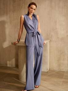 MOTF PREMIUM 2PCS WOMEN'S CASUAL V-NECK SLEEVELESS TIE-UP WAIST VEST & WIDE LEG FAUX DENIM PANTS SUIT, SPRING/SUMMER - Blue - View 1