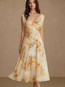 EMERY ROSE Đầm chiffon in hoa cổ điển, tông màu vàng mơ và xám, phong cách đồng quê retro, thiết kế cổ chữ V khoét sâu ngực, họa tiết hoa, chi tiết nhún eo, viền bèo nhún, chất liệu nhẹ và mềm mại, dáng ôm, rủ mềm mại, thích hợp cho buổi hẹn hò lãng mạn, đám cưới ngoài trời mùa xuân/hè, dạ hội, triển lãm nghệ thuật, lễ kỷ niệm, dã ngoại kỳ nghỉ, nhiều dịp. Đầm maxi không tay cổ chữ V nhún eo, in hoa màu vàng cổ điển thời trang. - Nhiều màu - Xem 1