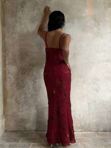 Sunnyshic Women's Light Yellow Champagne Plunging Neck Maxi Fitted Mermaid Dress, Luxury Embroidered Elegant For Wedding, Party, Vacation, Date, Autumn - Red - View 2