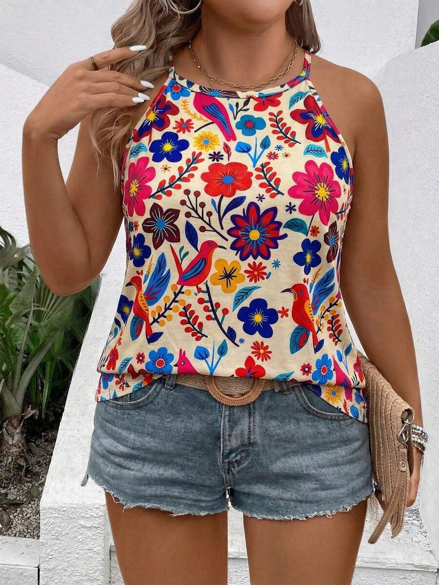 SHEIN VCAY CURVE Women's Plus Size Floral Print Sleeveless Round Neck Tank Top & Camisole - Multicolor - View 1