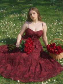 SHEIN MOD Đầm slip dáng lửng thanh lịch màu đỏ tía cổ điển, cỡ lớn, phù hợp cho các lễ hội mùa xuân/hè, hẹn hò và tụ họp. - Màu Đỏ Sâu - Xem 9