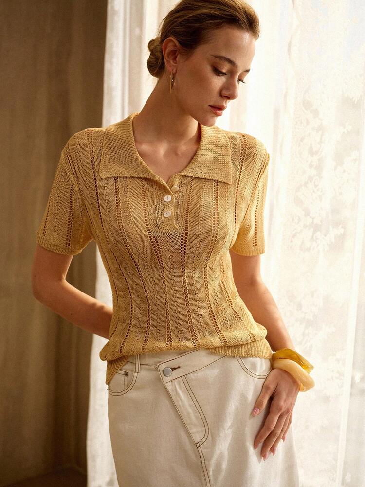 VINTAGE STYLE HOLLOW OUT HALF-PLACKET KNIT SHORT SLEEVE POLO SHIRT, SPRING/SUMMER
