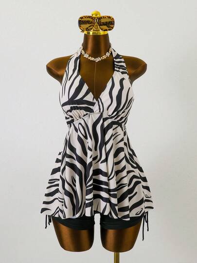 Swim Lushoire Plus Size Halter Bikini Set With Zebra Print And Drawstring Bottom, Casual & Mature Style For Women