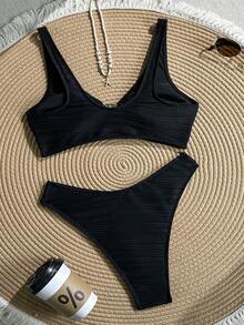 Swim Basics 2026 New Women Summer Beach Vacation Solid Color Metal Decor Backless High Waist Bikini Set 2pcs - Black - View 5