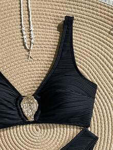 Swim Basics 2026 New Women Summer Beach Vacation Solid Color Metal Decor Backless High Waist Bikini Set 2pcs - Black - View 6