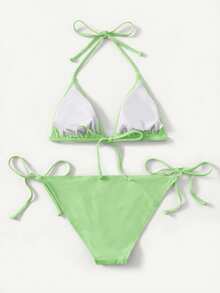 SHEIN Swim Basics 女士性感露背系带开衩比基尼套装，简约纯色，适合海滩度假 - 綠色 - 查看 2