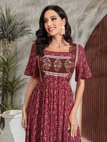 Al Najma Burgundy Red Ditsy Floral Square Neck A-Line Dress - Burgundy - View 5