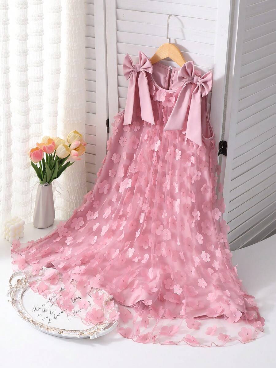 SHEIN 优雅时尚荷叶边珍珠装饰网纱女童连衣裙