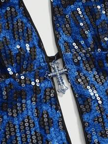 ROMWE Grunge Punk 朋克摇滚风夏日海滩派对、音乐节街头风，露背性感豹纹亮片十字架吊坠女式背心 - 藍色 - 查看 3