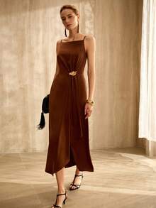 MOTF PREMIUM SLEEVELESS METAL DECOR SLIP DRESS, VINTAGE STYLE, SPRING/SUMMER - Coffee Brown - View 8