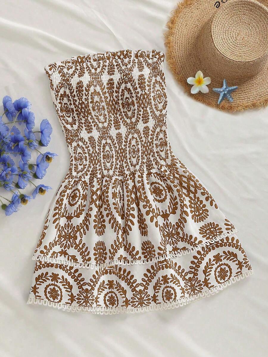 Elamini Navy Blue Strapless Dress With Ruched Waist, Hollow Embroidery, Ruffle Hem, Bohemian Style, Versatile A-Line Short Dress - Multicolor - View 1