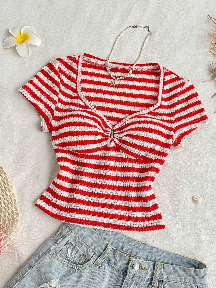 Sunnyshic Women's Red & White Striped Knit Jacquard Fabric V-Neck Short Sleeve Fitted Cropped T-Shirt, Elegant Casual Vacation Outfit, Spring/Summer - Red and White - View 1