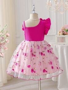 Elladie kids Đầm công chúa dáng chữ A thanh lịch, ngọt ngào, dễ thương cho bé gái, kiểu dáng bất đối xứng vai, tay ngắn, họa tiết hoa, thắt eo, thích hợp cho các dịp lễ, tiệc tùng, kỳ nghỉ hè. - Màu Hồng Tươi - Xem 3