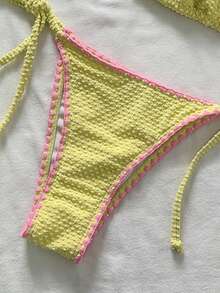 Swim Mod Women's Jacquard Fabric Halter Neck Shell Trim Bikini Set, Spring/Summer - Yellow - View 6