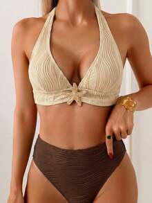 Swim Vcay Bộ đồ nữ mùa hè cổ chữ V phối màu tương phản, cạp cao. - màu nâu - Xem 4