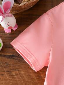 1pc Girls Short Sleeve Round Neck T-Shirt, Spring/Summer - Pink - View 3