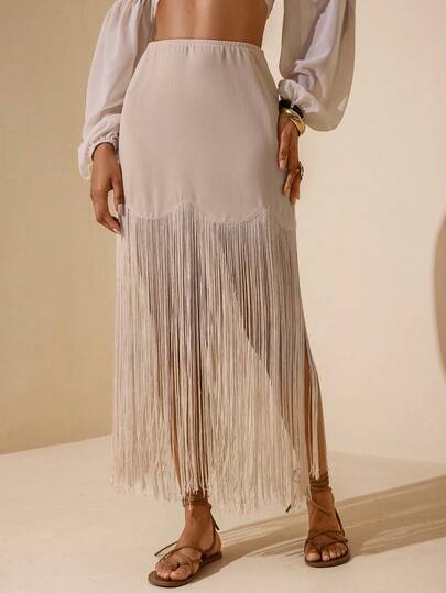 Vesra Women's Solid Color Fringe Casual Versatile Date Night Skirt