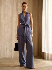 MOTF PREMIUM 2PCS WOMEN'S CASUAL V-NECK SLEEVELESS TIE-UP WAIST VEST & WIDE LEG FAUX DENIM PANTS SUIT, SPRING/SUMMER - Blue - View 5