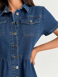 SHEIN 100% COTTON WOMAN RUFFLE DENIM DRESS - Dark Wash - View 7