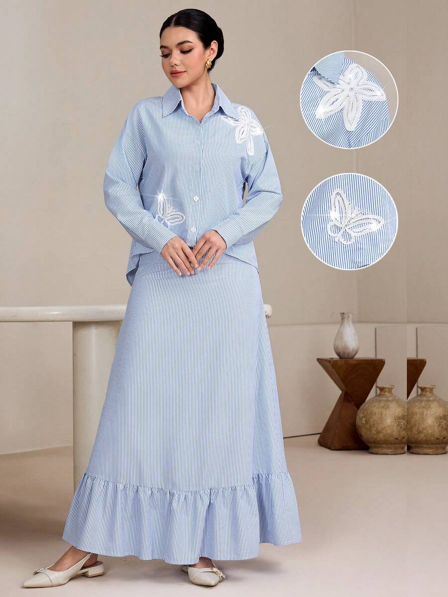 Graceveil Bộ đồ 2 mảnh thanh lịch dành cho nữ: áo và chân váy midi họa tiết hoa 3D đính ngọc trai giả, sọc, phối nhiều mảnh. - Xanh và trắng - Xem 1