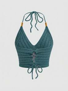 ROMWE Hippie 嬉皮度假风蘑菇植物刺绣串珠女式针织毛衣 - 藍色 - 查看 2