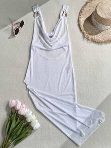 Swim Basics Áo khoác ngoài bikini mùa hè mới 2026 dành cho nữ, màu trắng trơn, chất liệu lưới, khóa kim loại trang trí, cổ khoét sâu, không tay, dáng rộng, gợi cảm. - trắng - Xem 7