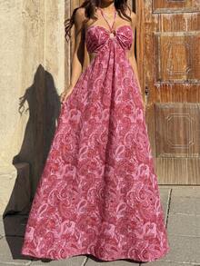 Sunnyshic 女士玫红色佩斯利印花无肩带系带修身连衣裙，性感别致的欧式海滩度假风 - 玫紅色 - 查看 6