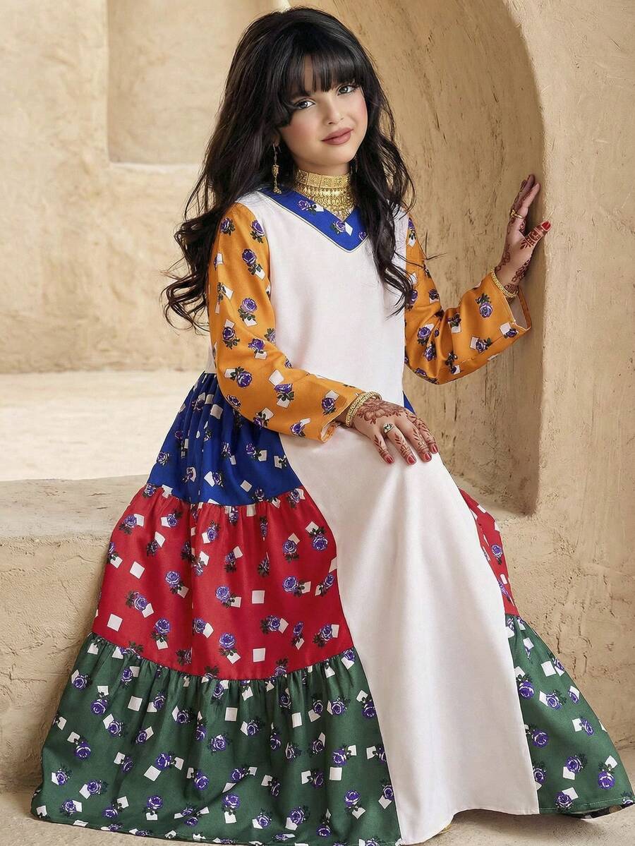 SHEIN 少女撞色V领宽松A字长袖印花连衣裙 - 彩色 - 查看 1